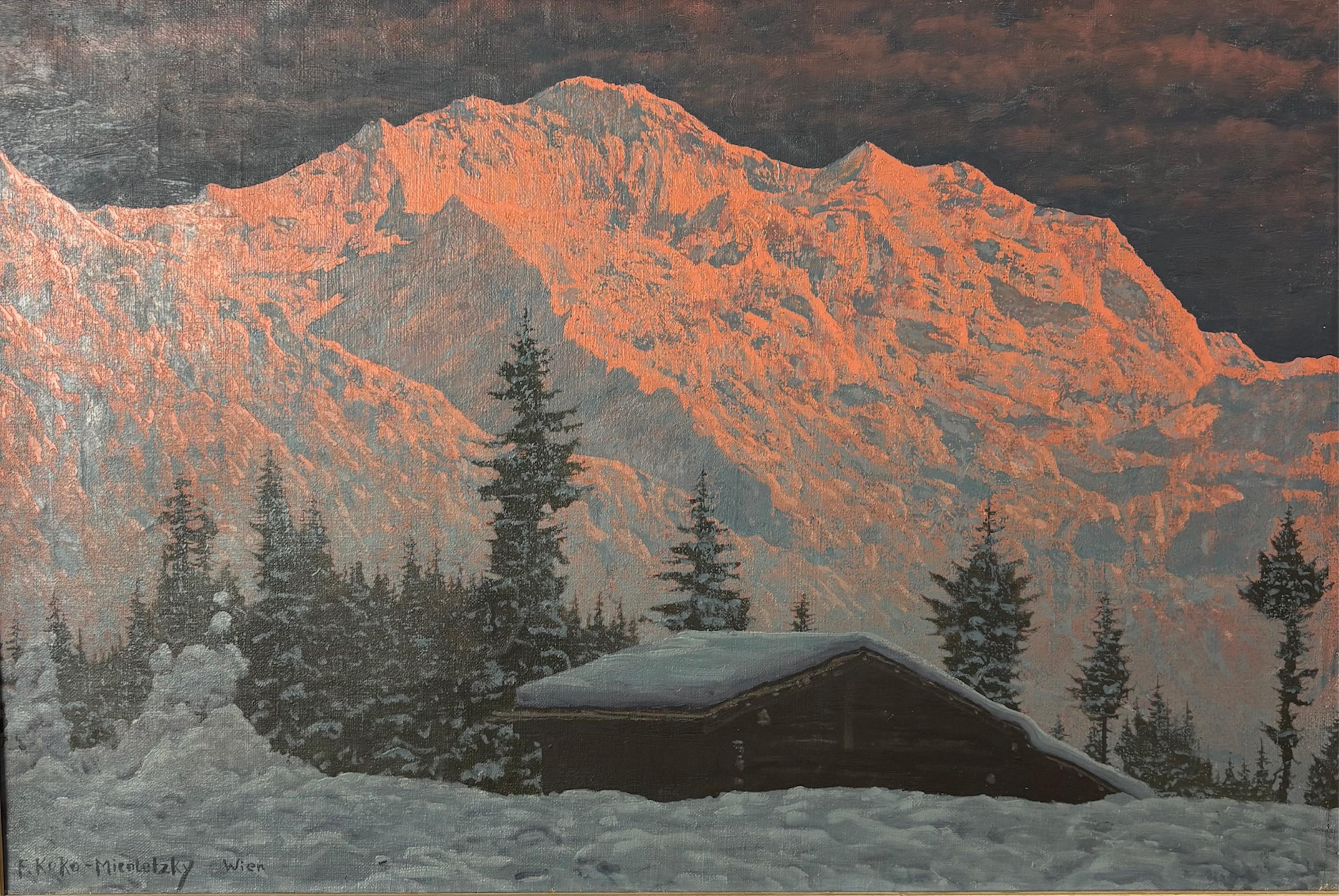 Friedrich Albin Koko-Micoletzky, Austrian (1887-1981), A cabin in the shadow of a mountain